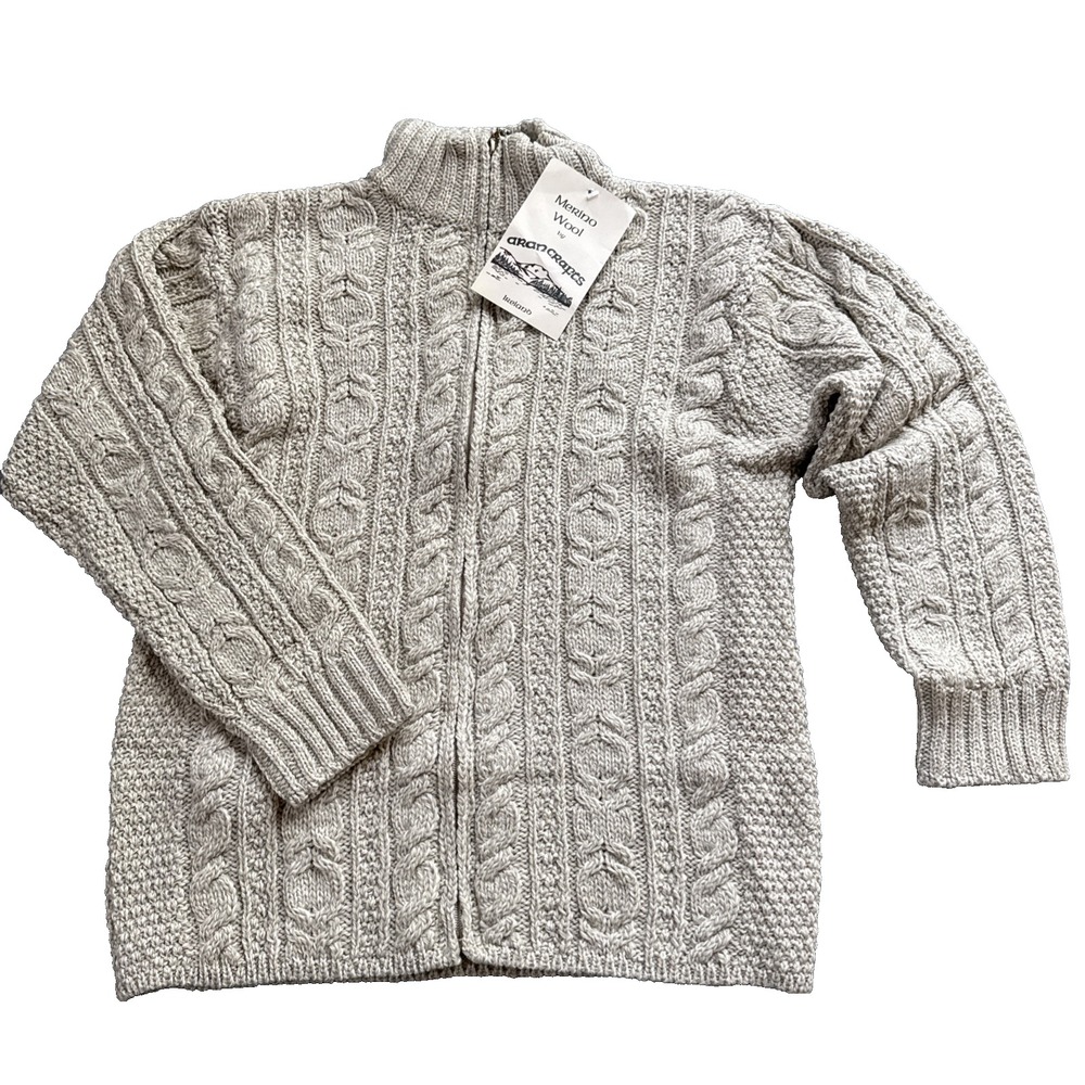 Aran Crafts Merino Wool Fisherman Cable Knit Sweater Women Large Zip Ireland NWT
